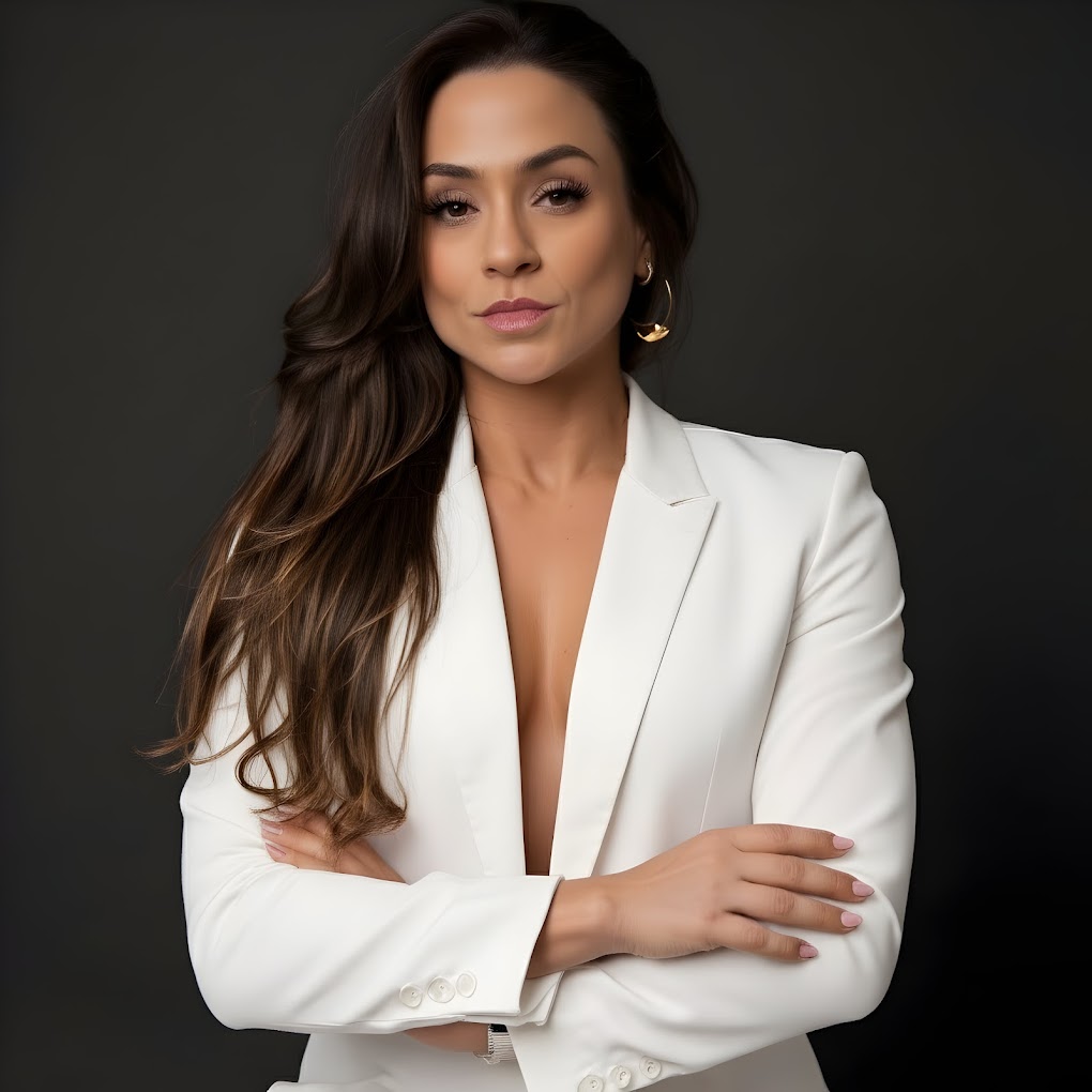 Retrato profissional de Maria Letícia usando blazer branco